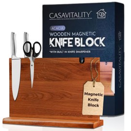 Acacia Wood Magnetic Knife Holder 14x10" – Double-Sided Knife Holder with Strong Magnet & Built-In Sharpener – Space-Saving Magnetic Knife Block Gift for Home Kitchens & Cooking Lovers