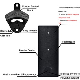 Luwanburg Black Cast Iron Bottle Opener Wall Mounted Beer Top Opener with Magnetic Cap Catcher Metal Board for Kitchen Fridge
