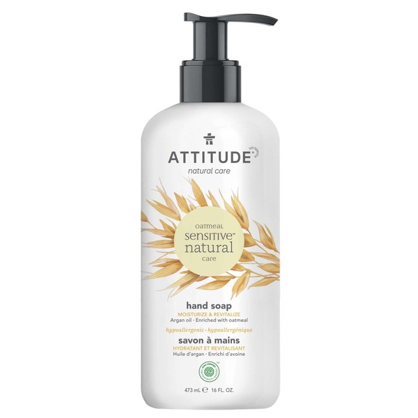 ATTITUDE Moisturizing Hand Soap for Sensitive Skin Enriched with Oat and Argan Oil, EWG Verified, Plant and Mineral-Based Ingredients, Vegan & Cruelty-free, 16 Fl Oz