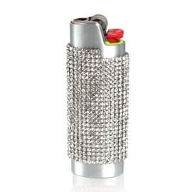 HUMWE Bling Rhinestone Crystal Lighter Case Cover Sleeve Metal Shiny Lighters Holder for Bic Standard Size Lighter J6 (Silver)