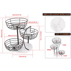 Livabber Fruit Basket Bowl with Banana Hanger, Metal Fruit Vegetable Storage Basket with Banana Holder for Kitchen Counter, Detachable Organizer for Bread Snack Produce (Black, 3-Tier Marble Base)