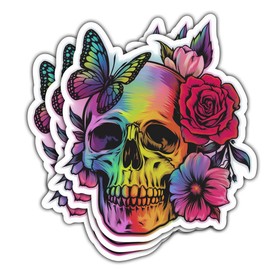 (3Pcs) Butterfly Rose Skull Holographic Vinyl Sticker, Glitter Skull Stickers, Skull Sticker, Skull with Flowers Sticker - Stickers for Laptop Water Bottle Phone Car Window Helmet 3"