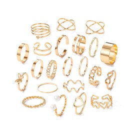 22Pcs Gold Knuckle Rings Set for Women Girls Teens Boho Stackable Joint Rings Heart Pearl Butterfly Rings Vintage Open Adjustable Rings Statement Ring Set Jewelry Gifts (A)