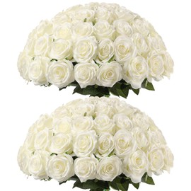 Kisflower 60 Pcs White Roses Artificial Flowers Bulk, Silk Roses with Stem Realistic White Artificial Roses for Decoration DIY Wedding Bouquet Bridal Shower Party Home Table Centerpieces Decor (White)