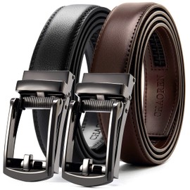 CHAOREN Men's 1.25" Brown Leather Ratchet Belt, 32" to 38" Waist Adjustable, 2 Pack