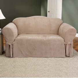 SURE FIT Soft Suede Box Cushion Loveseat One Piece Slipcover, Relaxed Fit, Polyester, Machine Washable, Taupe Color