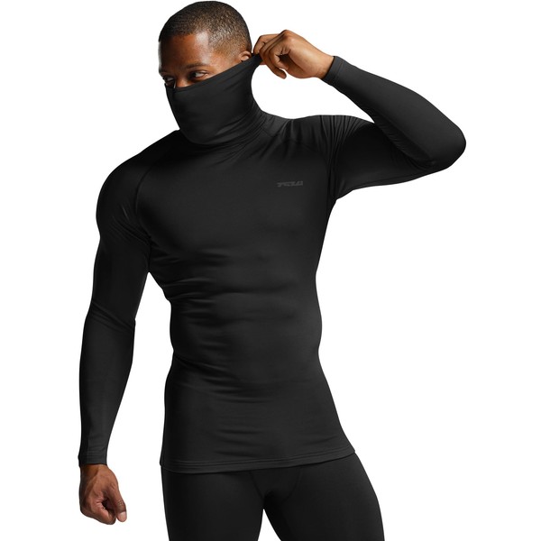 TSLA Men's Thermal Long Sleeve Compression Shirts, Mock/Turtleneck Winter Sports Running Base Layer Top, Heatlock Face Cover Black, Large