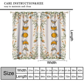 Boho Moon Phase Curtains, Rustic Vintage Yellow Orange Floral Bohemian Mid Century Abstract Sun Moon Print Window Treatment for Kitchen Bedroom Living Room, 42x45in （No Blackout）