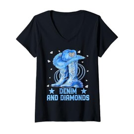 Womens Denim and Diamonds Country Western Cowboy Cowgirl Boots Hat V-Neck T-Shirt