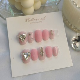 Pink sprinkle point heart stone handmade nail tip - Midi Ballet / 핑크 뿌링글 포인트 하트스톤 수제네일팁 - 미디발레