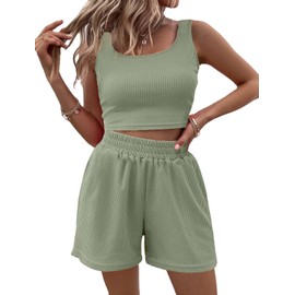 AUTOVISUM - Conjunto de dos piezas para mujer, sin mangas, parte superior corto y cintura alta, 2 piezas, Verde, L