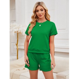 IFFEI Women's 2 Piece Lounge Sets Casual Outfits Pajamas Short Sleeve Shirts Shorts Cozy Sweatsuit Set with Pockets XL Light Green