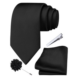 Branduce Black Tie for Men Wedding Solid Satin Silk Blend Necktie Pocket Square Tie Clip and Lapel Pin Brooch Set (TA14-24)