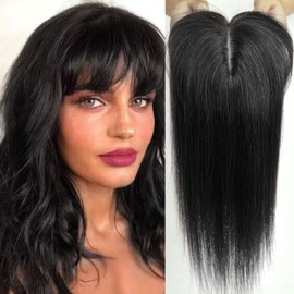 HAIRCUBE 100% Real Human Hair Toppers with Bangs 150% Density Silk Base Clip in Topper Top Hair Pieces for Women with Thinning Hair/Hair Loss Cover Gray Hair 10 Inch 1B# 35g