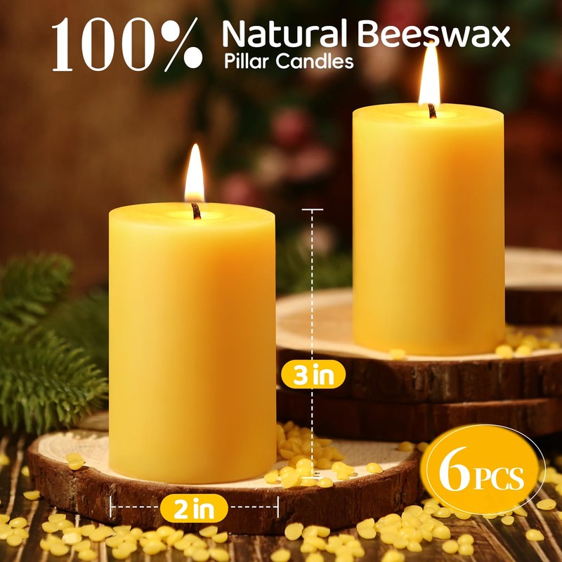 6 Pack Natural Beeswax Pillar Candles,100% Pure Beeswax Candles-192 Hours