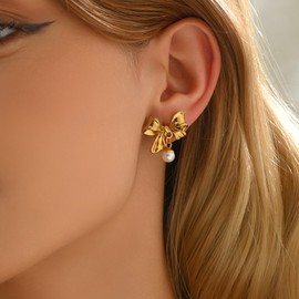 Kyazeo Dainty Bow Stud Earrings for Women 18K Gold Plated Minimalist Ribbon Stud Earring Cute Pearl Bowknot Earrings Simple Everday Jewelry for Her