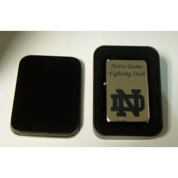 Notre Dame Logo Engraved Chrome Plated Brass Refillable Lighter in Black tin case