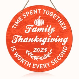Thanksgiving Family 2025 Decor Fall Pumpkin Sign for Harvest Indoor Outdoor Home Porch Wall Decor Wooden Hanging Sign 10.2 x 10.2 Inches
