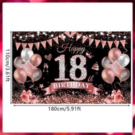Yontree Happy 18th Birthday Banner 180 * 110cm Black Rose Happy 18th Birthday Banner Backdrop 18th Birthday Decorations for Girls Women, 18 Years Old Birthday Anniversary Party Supplies