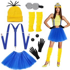 7 Pieces Yellow Costume Set for Adults and Children, Includes Goggles, Hat, Gloves, Leg Socks, Button Skirts, World Reading Day, Party, Carnival, Film Costume for Men and Women