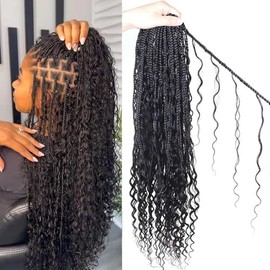 Boho Crochet Braids, Human Braiding hair, Crochet Hair for Black Women, Knotless Pre-Looped Box Braids, Boho Curls 18, 24, 30 inch, #27#30 (Natural Black, 24 inch 1 pack (40 strands))