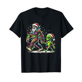 Alien And Bigfoot Wearing A Santa Hat and Christmas Lights T-Shirt