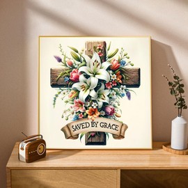 Ceiomez Cross Diamond Art for Adults, Flower Diamond Painting with Cross and Lily Flowers, DIY Full Round Drill Religious Diamond Art for Gift and Home Wall Decor 14x14in