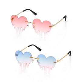 Becellen Pack of 2 Heart Sunglasses, Colourful Hippie Sunglasses, Unique Festival Cool Sunglasses, Disco Transparent Party Glasses, Fashion Red Heart Glasses for Men and Women, Blue, pink