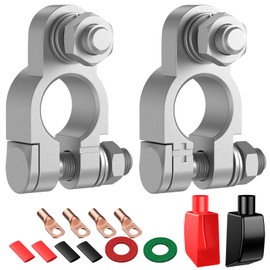 Battery Terminal Connectors Kit, Heavy Duty Positive Negative Auto Car Marine Terminals, with 4 Pcs 2 Gauge 3/8" Copper Lugs, 4 Heatshrink Tubes, 2 Protective Covers and 2 Anti Corrosion Washers