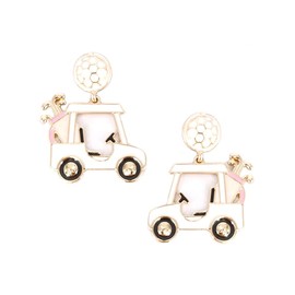 Fashion Jewelry ~ Sports Theme White and Pink Golf Cart Dangle Earrings for Women Casual