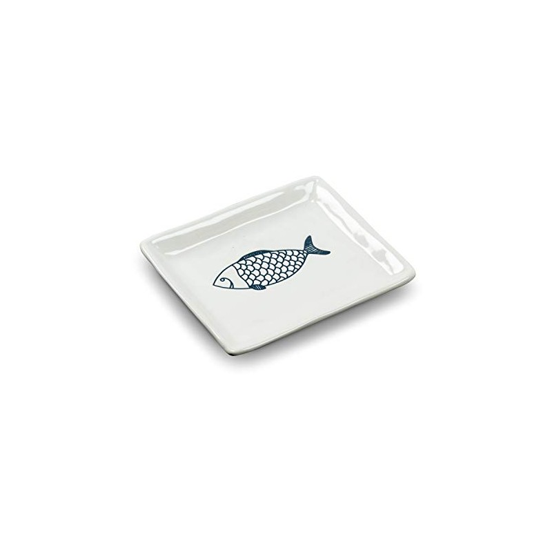 Abbott Collection 27-CORFU-550 Small Rectangle Fish Plate, 1 EA, White/Blue