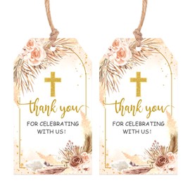 Serencatcher Baptism Thank You Tags, 50pcs Baptism Favors Boho Thank You Tags with String Pampas Grass Thank You for Celebrating with Us Tag for Baby Shower Wedding Bridal Shower Party Favors