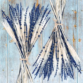 Dried Lavender & Wheat Flowers Bundle - 17'' Real Fresh Preserved Lavender Flowers and White Wheat Plants Bouquet Hand Tied Fall Wedding, Fragrance Home Vase Decor, Bohemian Arrangements, 2 Bundles