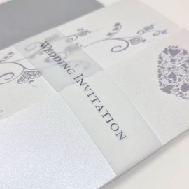 Pack of 10 Luxury Pearlescent Gatefold Wedding Invitations with vellum belly band and Envelopes- by Forgetmenotdesigns911