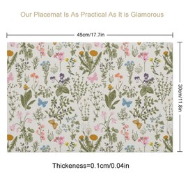 Grtfcolr Wildflowers Floral Spring Placemats Set of 4, 12x18 Inch Seasonal Spring Summer Butterfly Non-Slip Heat-Resistant Washable Wipeable Linen Table Mats for Party Kitchen Dining Decoration