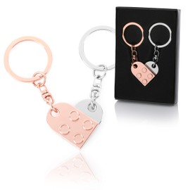 CraftWerk Key Ring Heart Set of 2 with Magnetic Binding – Building Block Pendant with Gift Box for Valentine's Day, Christmas or Birthday, Rose / Silver