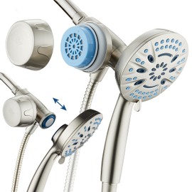 AquaCare Magneton 8-setting Magnetic Docking Hand Shower with Built-in Shower Filter - ON/OFF Filtration Modes, Instant Cartridge Reload, Stay-Clean KDF Cartridge, 6 ft. Steel Hose, Satin Nickel