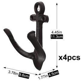XINGYAN Vintage Rustic Cast Iron Nautical Sea Anchor Design Wall Hooks,Home Coat Rack,Decorative Wall Mounted Antique Shabby Chic Metal Bathroom Towel,Coat Hooks,Hanger,Screws Inside (Black[4pcs])