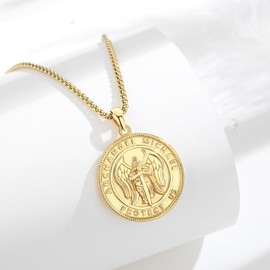 INFUSEU Archangel Michel Necklace, Saint Elliptical 18K Gold Pendant Silver Sterling 925 for Man With Warrior Anger Michael Saint Michael Medal for Men Women