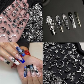 50 Pcs Halloween Nail Charms Retro Alloy Bat Snake Skeleton Nail Jewelry 3D Mixed Styles Moon Skull Nails Gems Dark Halloween Nail Rhinestones for Women DIY Manicure Decorations Craft Jewelry Making