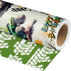 Vnaaem Reversible Monster Truck Wrapping Paper Roll for Kid's Boy's - Birthday Gift Wrap with Racing Car & Tire Tracks Design for Birthday Baby Shower Holiday - 17 in x 20 ft(Total 28.5sq.ft)