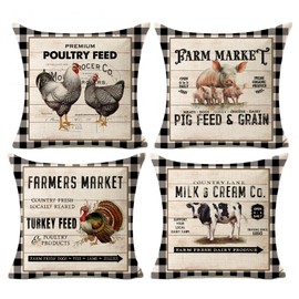 Farmhouse Animal Pillow Covers 18x18 Set of 4 Vintage Wood Farm Market Fresh Organic Produce Milk Pig Turkey Feed Premium Poultry Farm Home Décor Throw Pillow Case Cushion Cover for Sofa F063-18