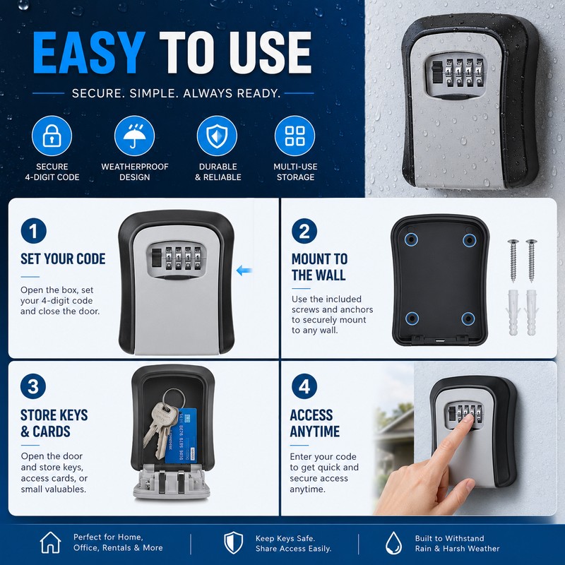Wall-Mounted Key Lock Box for Secure Access – Weather-Resistant 4-Digit