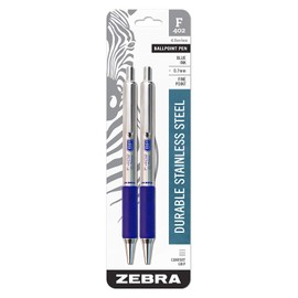 Zebra F-402 Ballpoint Stainless Steel Retractable Pen, Fine Point, 0.7mm, Blue Ink, 14 Pens Total