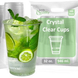 Clear Plastic Disposable Pet Cups | 32 oz Cups, 500 Pack | Crystal Clear PET Cup | Cold Smoothie | Iced Coffee Go Cups | Ideal for Coffee, Parfait, Juice, Soda, Cocktail, Party Cups (32oz, 500 count)