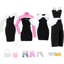BLIJOLA 4 Sets Doll Clothes for 11.5 inch Girls Dolls, 11Pcs Summer Simple Black Dresses Style Outfits Including Shoes & Bags Clothing Accessories Sets