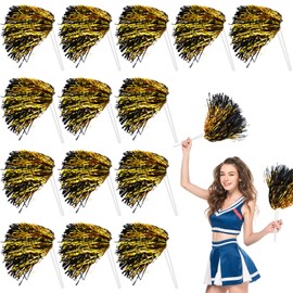 Vinsot 40 Pcs Pom Poms Cheerleading Metallic Foil Cheer Pom Poms with Plastic Handles for Game Sports Squads Dancing Football Basketball Club Dancing Party Fan Celebration (Yellow Black)