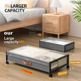 Under Bed Storage with Wheels, XXL Larger Under Bed Storage Containers with Clear Lids, 31'' Lengthen Underbed Shoe Organizer for Shoes Clothes(Grey 2 Pack, XXL(31"x16.6"x7.48"))