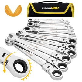 GRENPRO 13 Piece Flex Head Ratcheting Wrench Set Metric And Standard 8-19mm, Combination Wrench Sets, 72-Tooth Open End, Large Wrenches Mechanic Hand Tools Set With Roll Up Pouch With 1 Gauge