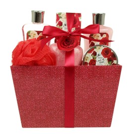 Christmas Gifts, Spa Baskets for Women Bath and Body Basket for Women, Includes Love of Rose Shower Gel, Bubble Bath, Body Lotion, Bath Salt, Red Bath Puff and Heart Bath Bomb